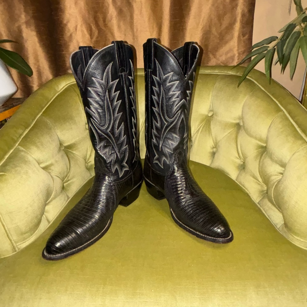 Vintage LARRY MAHAN Black Lizard Leather Cowboy Boots Size 9 B​
